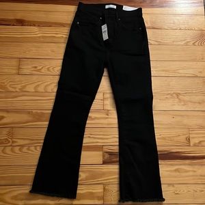 Frayed High Rise Kick Crop Jeans in Washed Black Wash